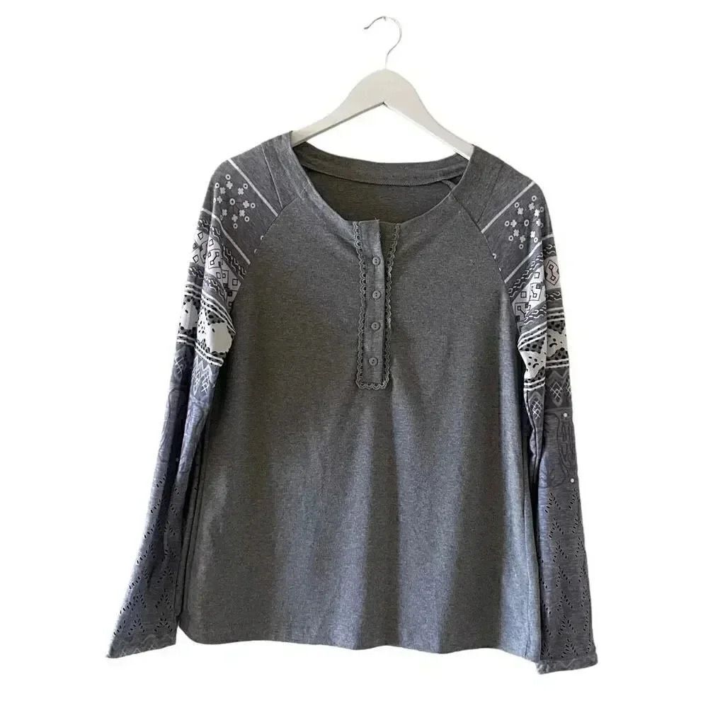 Women’s Gray Long Sleeves Front Buttons Bohemian Festival Aztec SZ M #1179
